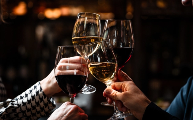 Clients qui trinquent avec un verre de vin lors d’un dîner insolite dans le noir à Genève, restaurant sensoriel Dans le Noir ?.